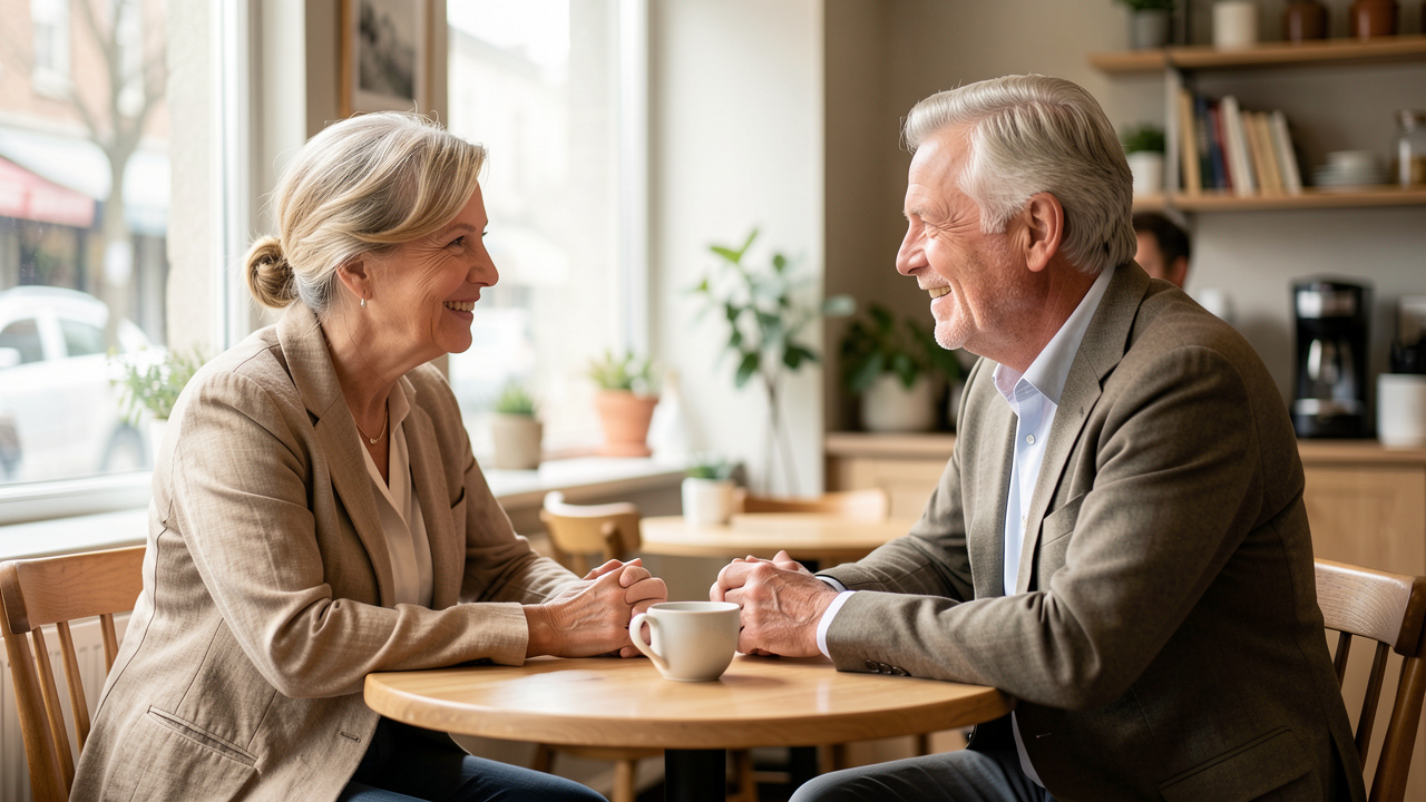 Un homme et une femme d’une soixantaine d’années se rencontrent dans un café lumineux et échangent avec le sourire.