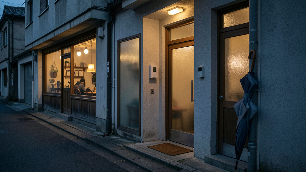 Rue calme d’une petite ville au crépuscule, avec un café éclairé et une entrée discrète évoquant la confidentialité et la sécurité.