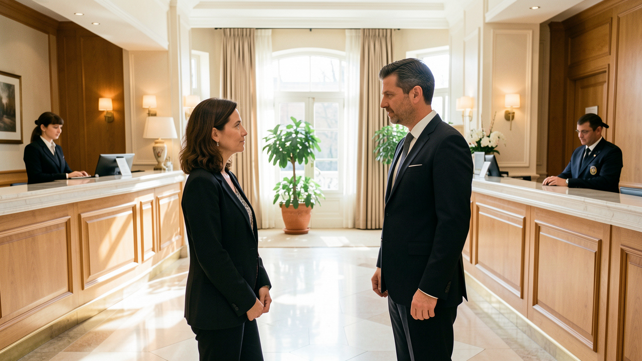 Une femme rencontre un homme dans le hall lumineux d’un hôtel, à distance respectueuse, avec une réception et un espace de sécurité visibles.