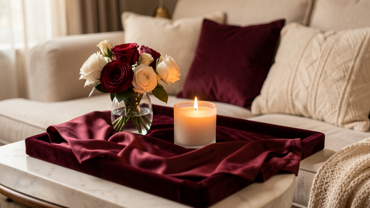 Composition élégante et romantique préparée pour une première rencontre à domicile, avec bougie, fleurs fraîches, tissu en soie et coussins dans une lumière chaleureuse.