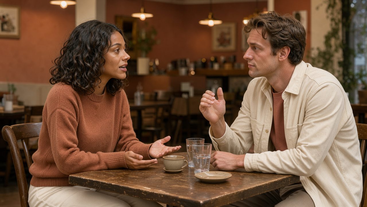 Une femme et un homme adultes discutent calmement dans un café éclairé chaleureusement, avec une attitude attentive et respectueuse.