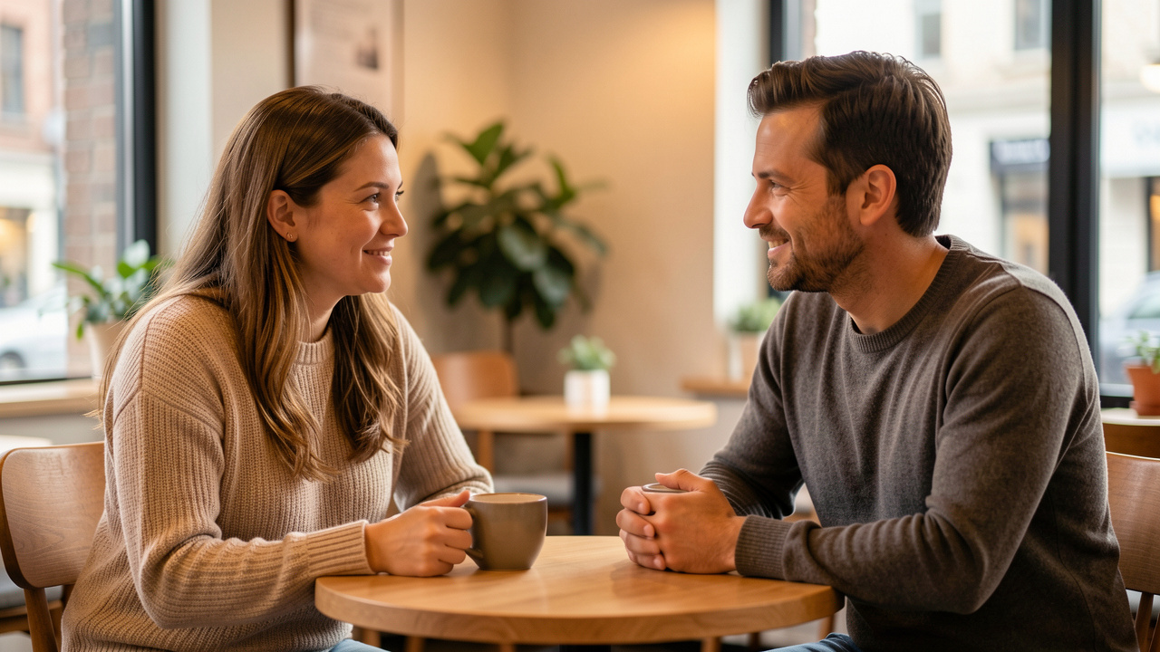 Un homme et une femme adultes discutent calmement autour d’un café dans une ambiance chaleureuse et respectueuse.