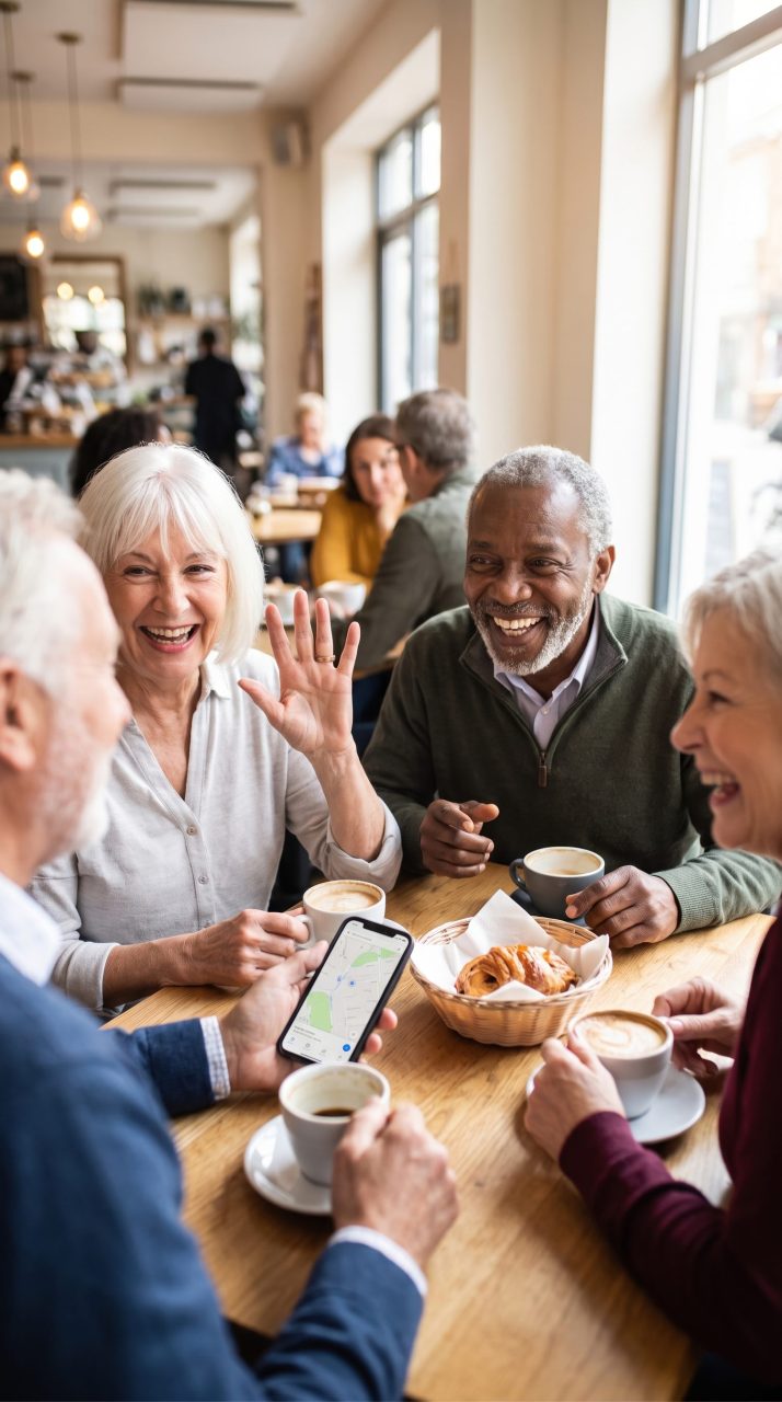 Deux seniors discutent autour d’un café dans un cadre convivial.